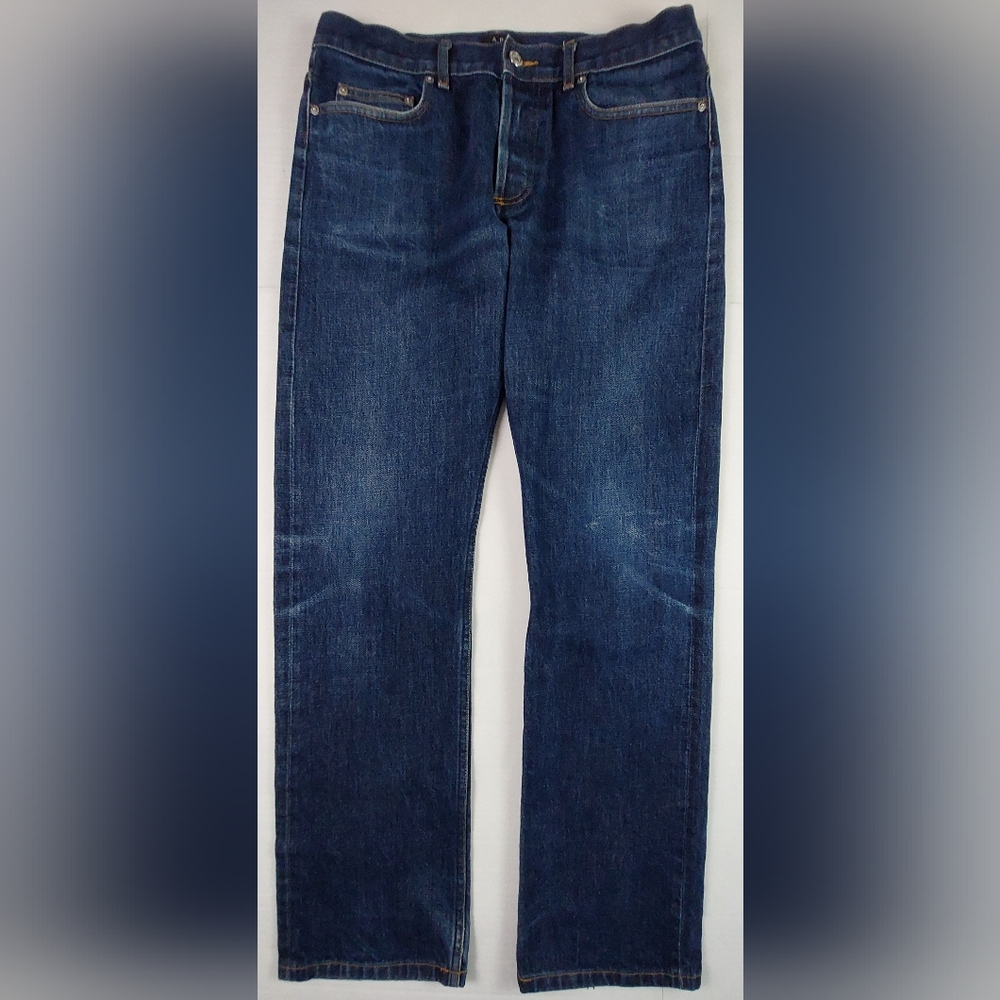 A.P.C. Rescue Jean Droit Selvedge Mens 33x32.5 Blue Denim Button Fly Distressed